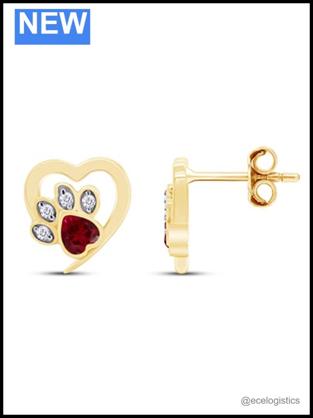 Cat Paw Print Heart Stud Earrings 925 Sterling Silver 14K Yellow Gold Plated